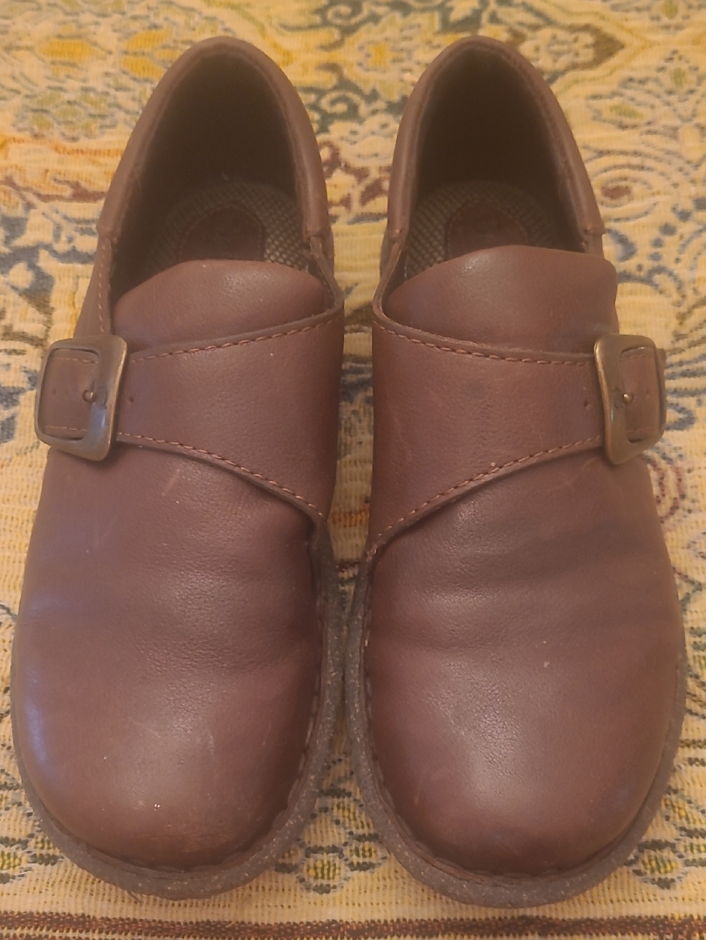 Born Brown Leather Slip-On Loafers with Buckle Accent